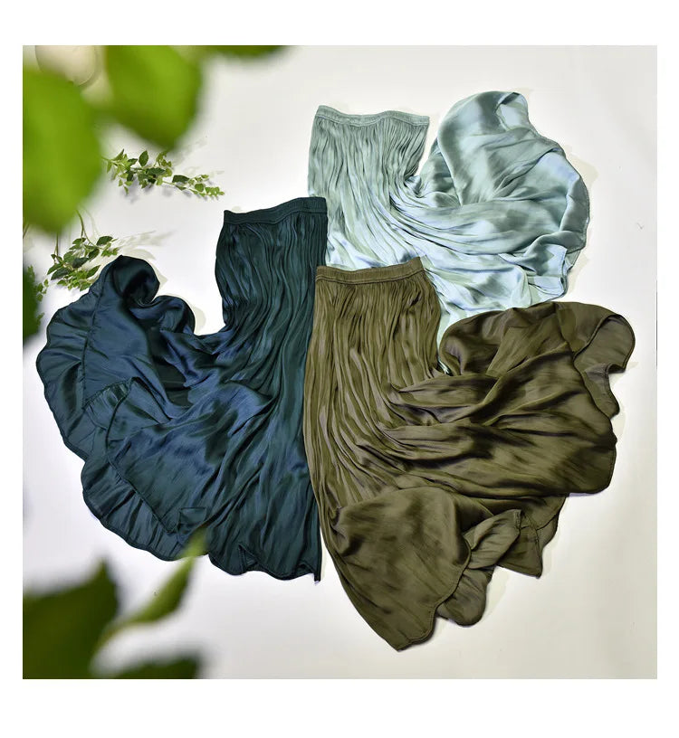 Summer Silky Skirt Elastic High Waist Glossy Silky Long Skirt Milk Silk A-line Long Skirts Women Beach Pearlescent Dress