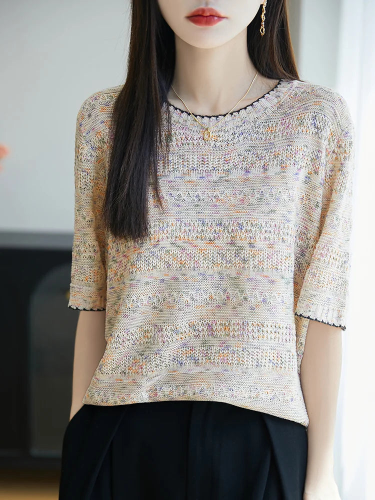 Women's Knit V-neck T-shirt Summer New Cotton Color blocked O-neck Sweater Short Sleeve Korean Loose Top Fashion Luxury Pullover