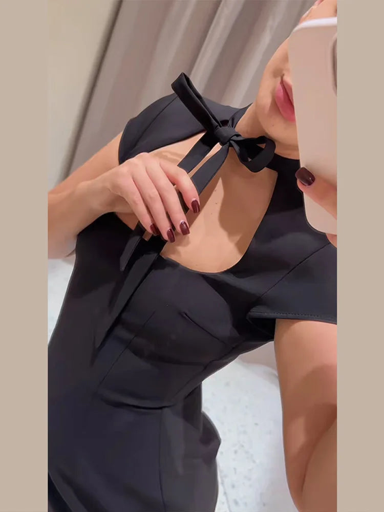 Fashion Polka Dot Mini Dress For Women Elegant Bow Tie Neck Short Sleeve Waist Slim Dress Lady 2026 Spring Summer Chic Vestidos