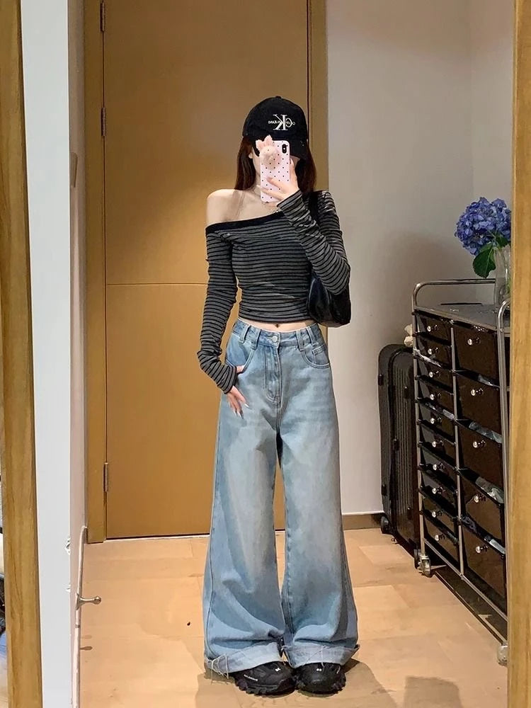 Women's Gray Asymmetrical One Shoulder Striped Long Sleeve T-Shirt 2026 Early Autumn New Arrival Slim Fit Sexy Off Shoulder Top