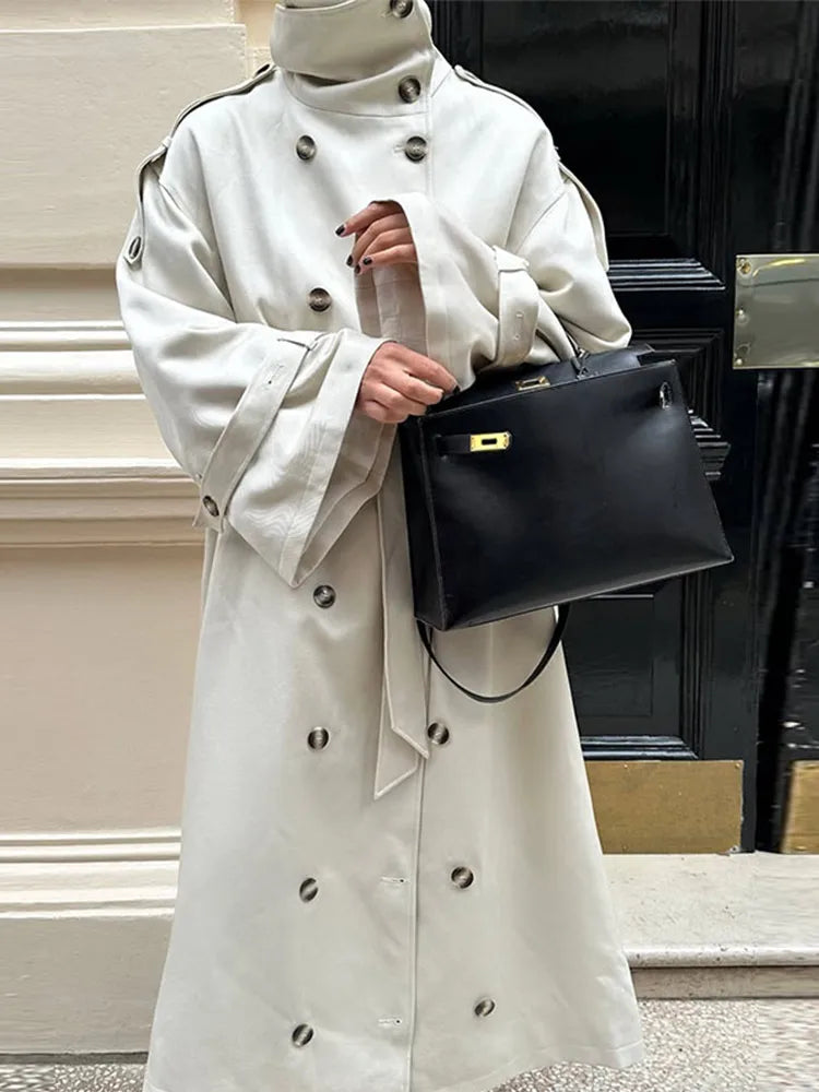 Women's Trench Coat Double Breasted Stand Collar Epaulet Lace Up Long Windbreaker Office Lady Autumn Winter Solid Slim Outerwear