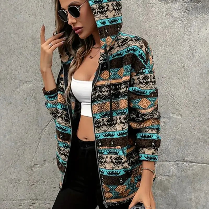 Women's Boho Ethnic Sherpa Hooded Jacket Retro Aztec Print Soft Fleece Lined Zip Up Fall Winter Streetwear Warm Outerwear