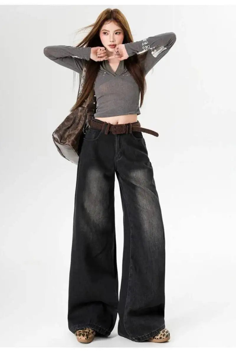 For Woman Y2k Jeans Flared Trousers Wide Leg Fleece Lined Thick Warm Retro Straight Long Pants Fashion Casual