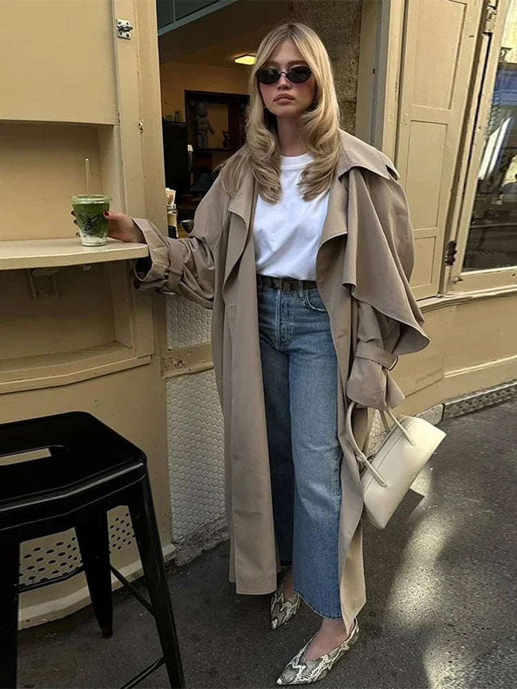 Solid Lace Up Long Trench Coat Women Chic Full Sleeves Lapel Single Breasted Loose Outerwear 2026 Lady Spring High Street Wear