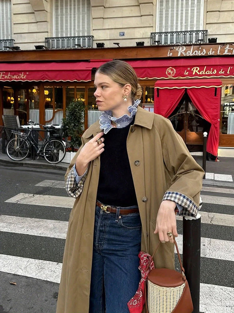 Autumn/Winter Fashion Outerwear Women's Check Print Front-Buttoned Casual Long-Sleeved Mid-Length Trench Coat 2025 New Arrival