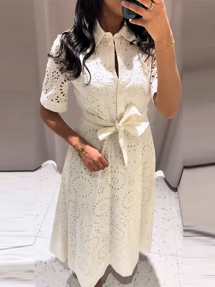 Elegant Embroidered Lapel Hollow Dress Women Fashionable Short Sleeve Belt High Waist Maxi Dresses Female Summer Chic Casual