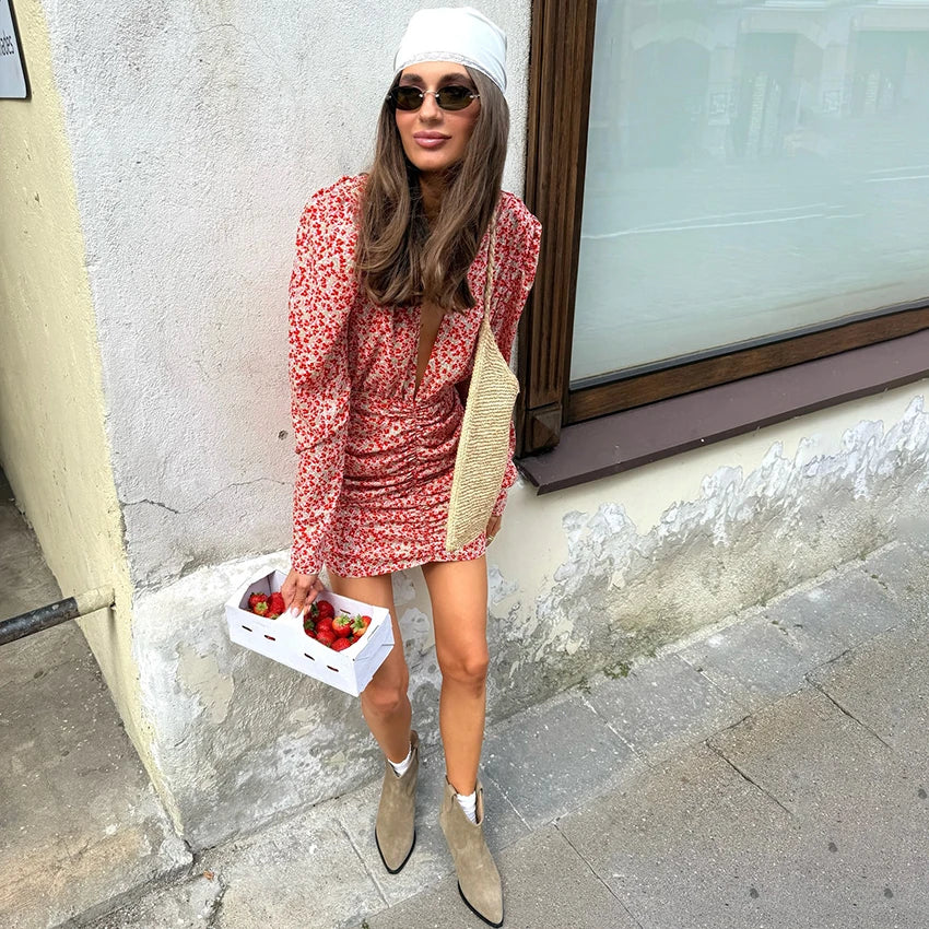 Linad Vintage Deep V Neck Print Short Dress Sexy Summer High Waist Pleated Mini Dress Street Lantern Sleeve Slim Dress For Women