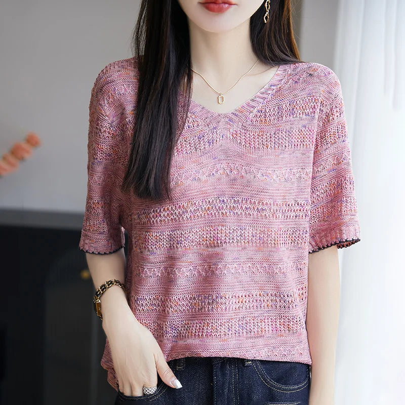 Women's Knit V-neck T-shirt Summer New Cotton Color blocked O-neck Sweater Short Sleeve Korean Loose Top Fashion Luxury Pullover